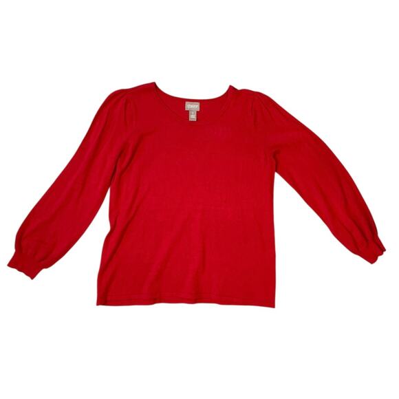 Chico’s Red Puff Sleeve Knit Top Women’s Size 1 (M/L) - Picture 2 of 6